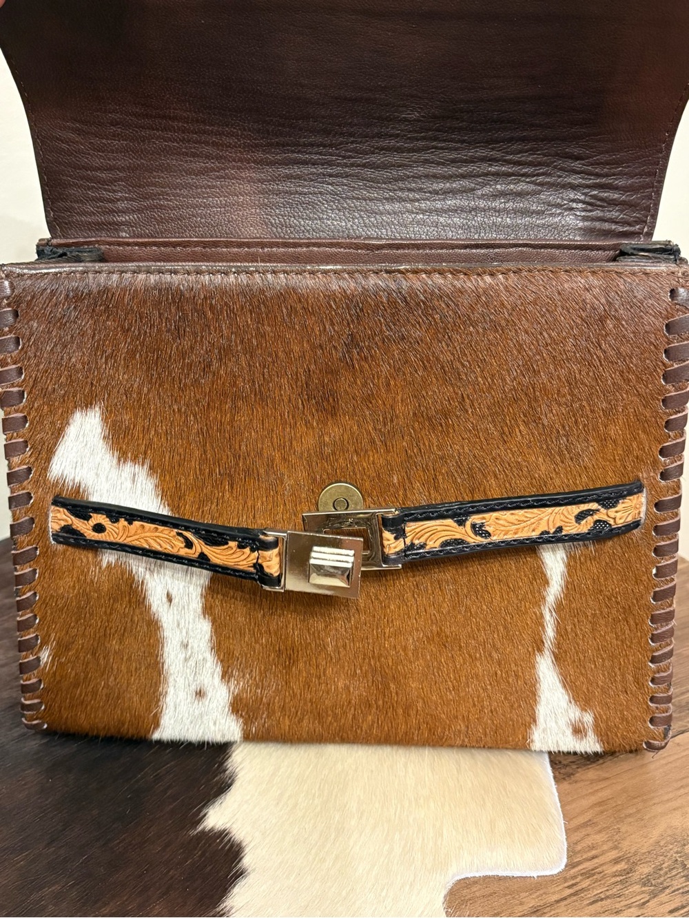 Tooled Floral Leather & Cowhide Crossbody with Turquoise Accents - Picture 2 of 5